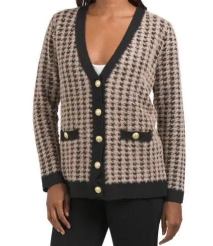 Tahari Brown Black Houndstooth Pattern Fuzzy Eyelash Cardigan Sweater Size S - Image 2