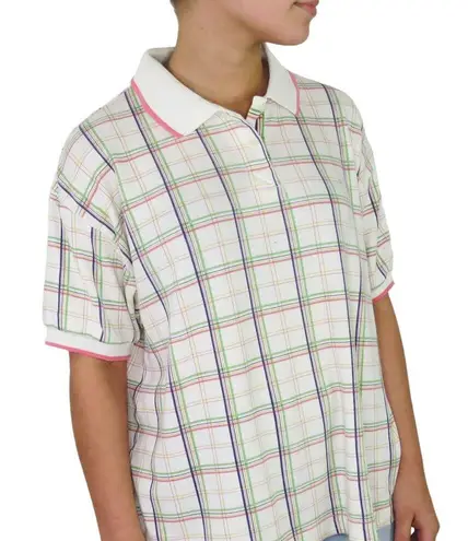 1980s Vintage Pastel Plaid Polo Shirt Grandmacore Medium White