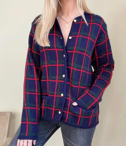 Vintage Plaid Gold Button Cardigan Sweater in Navy/Red/Green Blue Size M