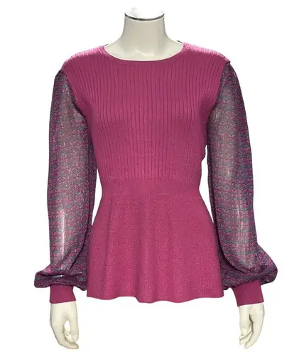 89th Madison NWT Medium Sheer Magenta Haze Knit Peplum Top Mesh Balloon Sleeves Purple