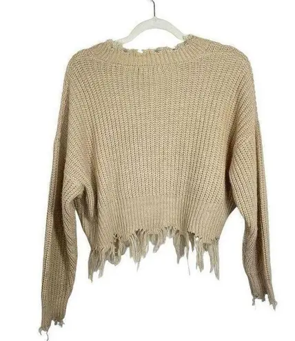 Coco + Jaimeson Cable Knit V-Neck Fringe Sweater in Tan Size S