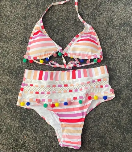 Boutique colorful striped Pom Pom high waist swimsuits