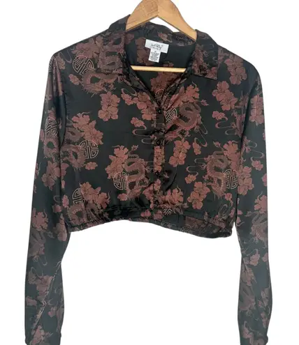 Just Polly Oriental Asian Dragon Crop Top Size XL Floral Black Long Sleeve