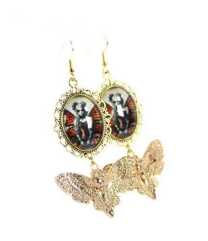 Handmade Gothic "Sunset Ember" Gothic Butterfly Fairy Earrings with Gold Moth Charms