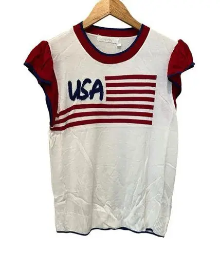 ENDLESS MOON Knit USA Flag Stretch Shirt Sz M Ruffle Sleeve July 4 Patriotic NEW White Size M