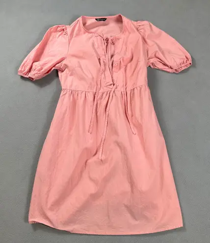 Pretty Garden Midi Dress Womens Small Pink Puff Sleeve Tie Neck Lyocell Cotton