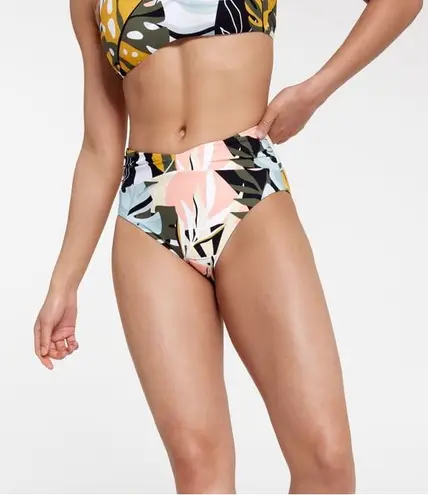 Calia Shirred High V Waist Multi Palm Print Bikini Bottom New Sz S Black