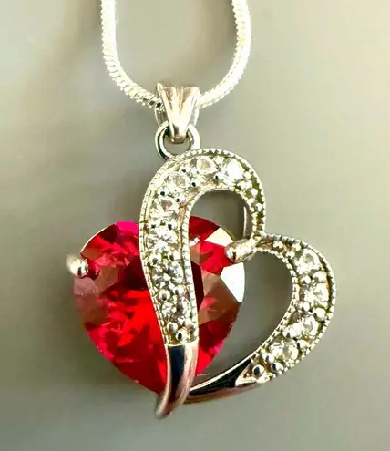 Sterling Silver 925 Red and Clear CZ Heart Pendant with SS Plate Chain