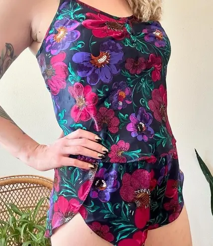 80s Jewel Tone Floral Camisole Sleep Set M/L Black Size L