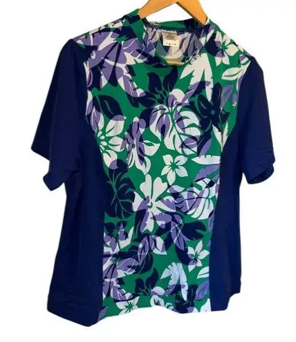 Swim rash guard sun protection top Floral Print Blue Green lands end 1x stretch