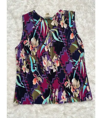 Trippy Floral Art Deco daffodil abstract 80s ribbed stretchy polyester tank top Purple Size M