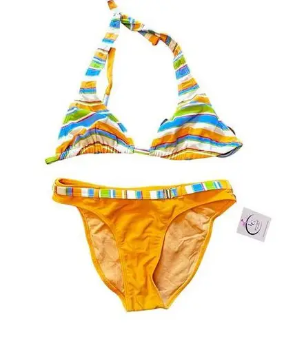 NWT Y2K Buzois Orange White Blue Stripe Halter Top Bikini Set Size Large