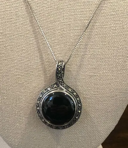 JACK JUDITH Sterling Silver Onyx Marcasite Reversible Pendant & Huggies Earrings