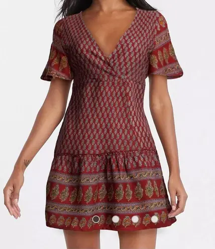 Raga Avah Floral Faux Boho Wrap Mini Dress color Wine size LARGE BRAND New