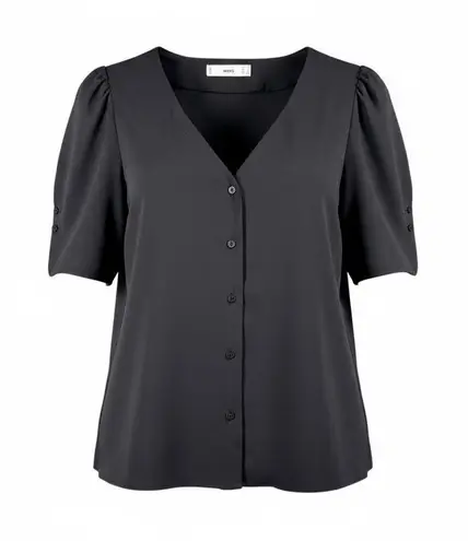MNG Mango Black Puff Sleeve Button Front Blouse Womens Small Minimalist Chic Top