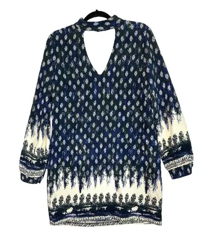 WAYF Dress Womens Medium Blue White Long Sleeve Choker Neck Keyhole