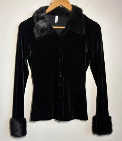 Vtg Y2K Black Velvet Button Up Penny Lane Faux Fur Trim Gothic Blouse Size Small