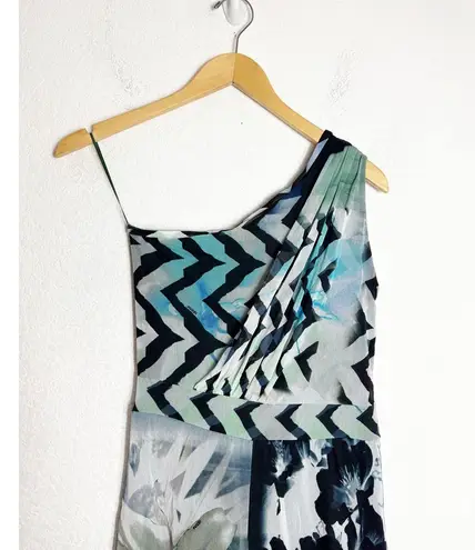 Fuzzi Floral One Shoulder Mesh Jumpsuit Size Small Blue Stretch Cropped Wide Leg