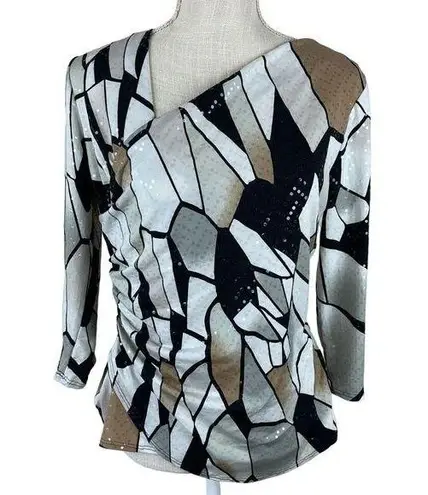 Vintage MSK Sequin Blouse Womens M Black Beige Asymmetrical Artsy Unique 90s Y2k Size M