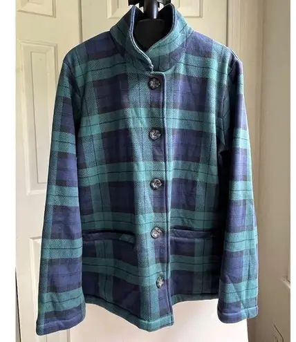 Vermont Country Terry Plaid Fleece Cardigan Sweater Plush Cozy Top Jacket Size M Green Size M