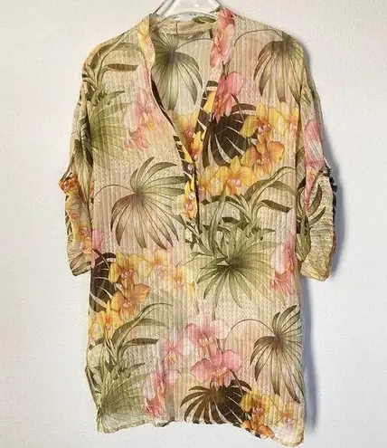 Tommy Bahama  Top Women Small Sheer Tropical Floral Print Popover Roll Tab Sleeve