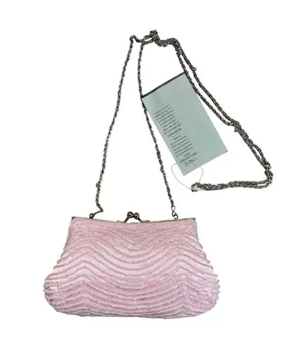 Cache  Pink Hidden 22" Chain Strap Satin Bead Purse Bag Top Metal Frame NWT $58 thumbnail 3