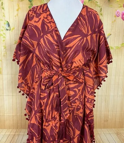 TRUE DESTINATIONS Floral Cover Up Kaftan Robe Maxi Size S Orange