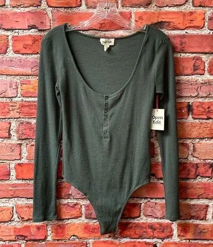 Open Edit Olive Green  Button Up Scoop Neck Long Sleeve Bodysuit