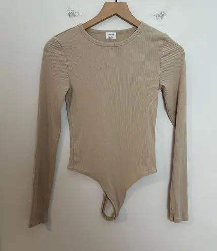 Wilfred - Long Sleeve Rib Body Suit Tan Aritzia Snap Closure Thong