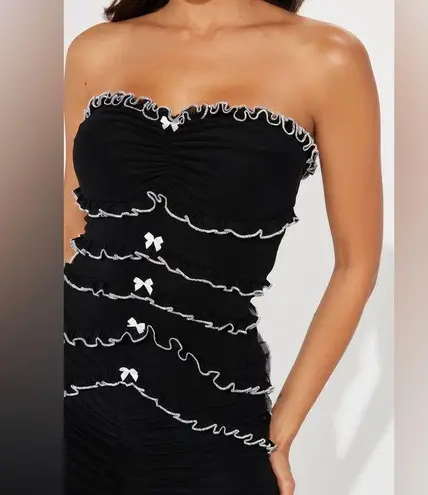 NWT Klesis Black/White Ruffle Mesh Strapless Maxi Dress Size Small Black