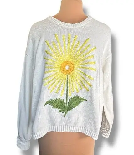 Tiny White Knit Sweater Yellow Sunburst Flower Embroidery Crewneck Pullover Size L