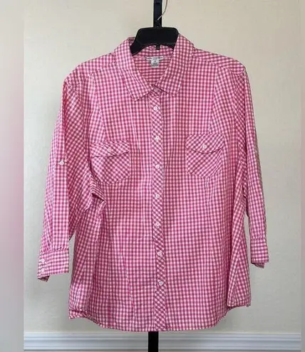 Dalia Collection Barbie Pink Gingham Plus Size 3X Cotton Roll Tab Sleeves Preppy Classic Western