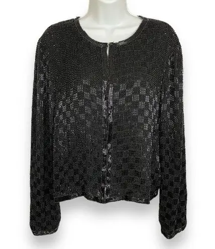 Scala Vintage Silk Beaded Jacket Formal Black Long Sleeves Large Flaws Black Tie