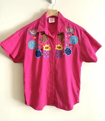 My Name Is Panama Button Up Vintage Pink Hand Embroidered Funky Fruit Sz S 6