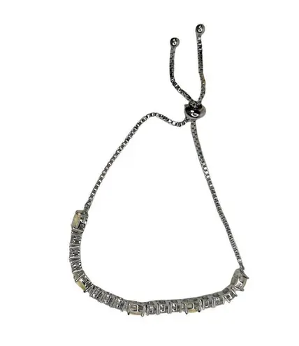 Synthetic Opal and Rhinestone Bolo Slide Lock Silver Tone Bracelet