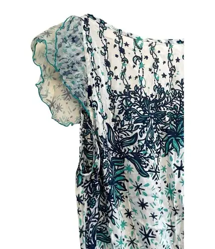 Poupette St. Barth Sleeveless Romper Size Medium Sheer Ruffle Blue Green Coverup