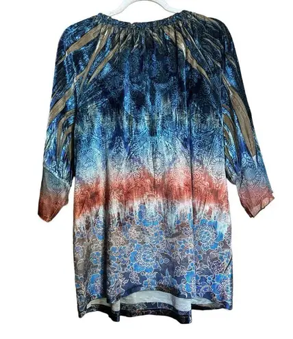 Live and let live One World Top Womens 1X Multicolor Boho Print Stretch Blouse