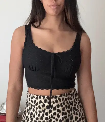 Fresral Black Eyelet Lace Trim Tie Front Crop Tank Top Women's M Size M