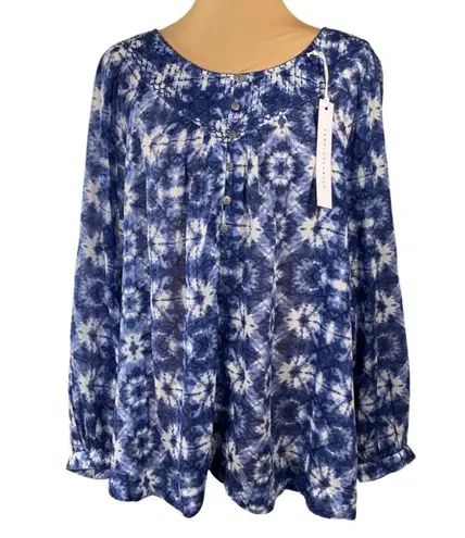 New Beach Lunch Lounge Penelope Top Blouse Blue White Size XL Long Sleeve