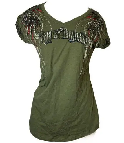 Harley Davidson Womens Shirt Olive Green Rhinestone Studded Wings M Size M