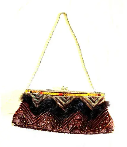 Vintage Beaded Faux Fur Clutch Purse Gold Chain 10x7 Evening Bag Red