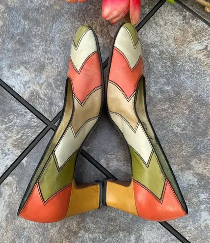 Vintage Mid Century Disco Square Toe Colorblock Leather Pumps Heel 9.5 MCM Retro Orange