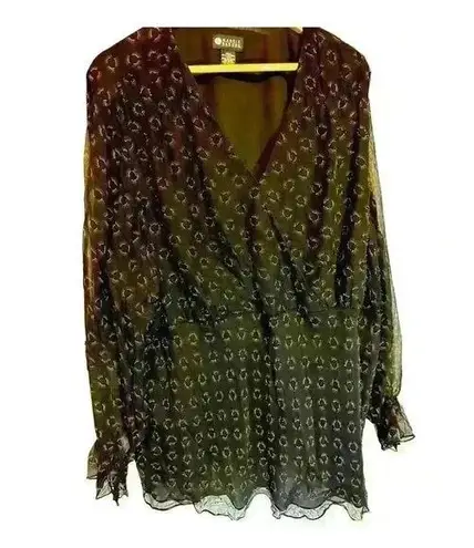 Maggie Barnes blouse Black golden Printed V-Neck sheer long sleeves sleeves