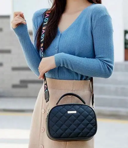 Quilted Square Bag Metal Decor PU Black Zipper