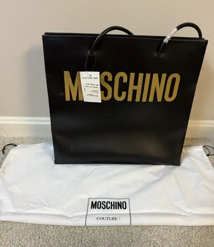 Moschino Couture Black Leather Tote Bag Gold Logo Large Shopper W/ Dust Bag NWT