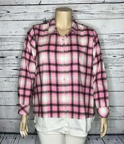 Isaac Mizrahi Issac Mizrahi Live! 20W Pink Plaid - White Layered Button Down Flannel Shirt Top
