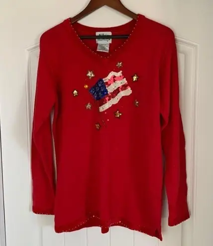 Quacker Factory Quaker Factory Womens Sweater Medium Red‎ American Flag USA V-Neck Vintage 90’s