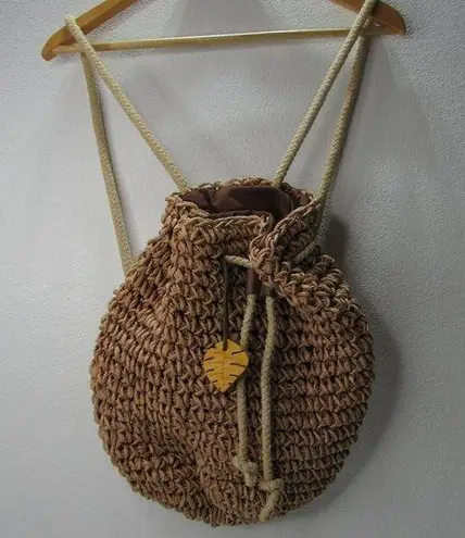 Bohemian Woven Cornhusk Backpack Bucket Bag Drawstring Beachy