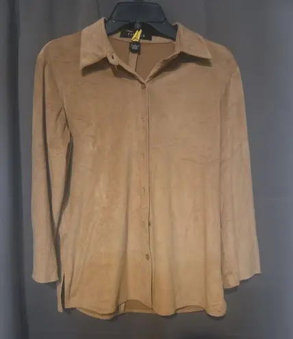 Parisian Signature Tan Button Up Blouse, Women's Small, Long Sleeve, Faux Suede Size 4