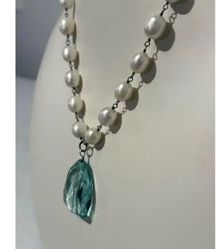 Fresh Water Pearl & Aqua Tear Drop Crystal Statement Necklace Glamorous Jewelry Silver